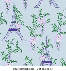 Hermosa Ilustración vectorial sin costuras de una torre Eiffel estilizada y glicinia sobre un fondo azul. Para decorar textiles, envases y Fondo de pantalla.