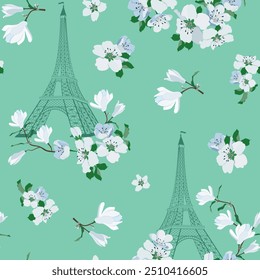 Ilustração de vetor bonito sem costura de uma torre Eiffel estilizada com magnólia e com flores de cereja em um fundo turquesa. Para decorar têxteis, embalagens e papel de parede.