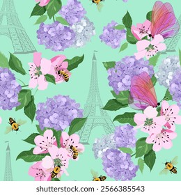 Seamless beautiful vector illustration of a stylized Eiffel tower with butterflies and with hydrangea blossoms on a turquoise background. For decorating textiles, packaging and wallpaper.