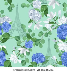 Seamless beautiful vector illustration of a stylized Eiffel tower with magnolia and with hydrangea blossoms on a turquoise background. For decorating textiles, packaging and wallpaper.