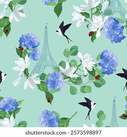 Seamless beautiful vector illustration of a stylized Eiffel tower with hydrangea, magnolia and swallows on a green background. For decorating textiles, packaging and wallpaper.