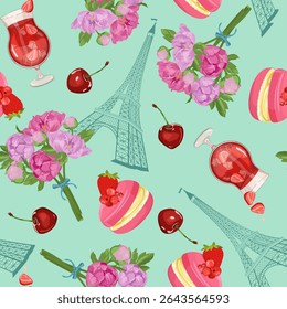 Seamless beautiful vector illustration of a stylized Eiffel tower with bouquet peonies   and cocktail with macaroons and berries on a turquoise background. For decorating textiles, packaging 