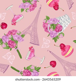 Seamless beautiful vector illustration of a stylized Eiffel tower with bouquet peonies   and cocktail with macaroons and berries. For decorating textiles, packaging and wallpaper.