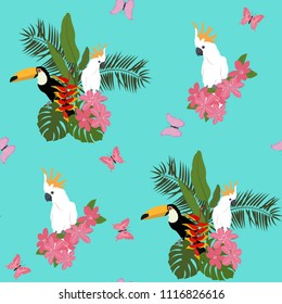 Seamless beautiful vector illustration with tropical plants, flowers, parrot, toucan. For decoration of textiles, packaging and web design.