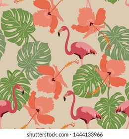Seamless beautiful vector illustration with tropical flowers and flamingo on a beige background. For decorating textiles, packaging, web design.