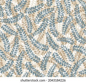 Seamless beautiful vintage floral blue leaves pattern on cream background.Pattern with vegetative ornament farmhouse leaves.