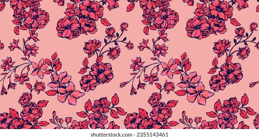 Seamless beautiful vintage floral pattern. Vector hand drawn blooming flowers  pattern on a beige background. Red, orange, ruddy flowers background. 