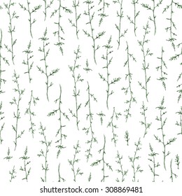 Seamless beautiful vintage pattern with ink hand drawn herbs, plants sketch. Herbal elements on white background.