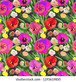 Seamless beautiful watercolor pattern with tulips and other flowers. Vector print for fabric design, decoration, wallpaper.