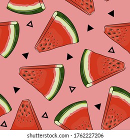 Seamless beautiful watermelon pattern on a pink background with triangles. Bright and tasty berry for textile design. Food ornament with geometrical elements