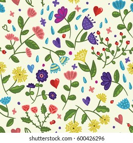 Seamless beauty floral vector pattern on light background in cartoon style  with hearts, drops and berries