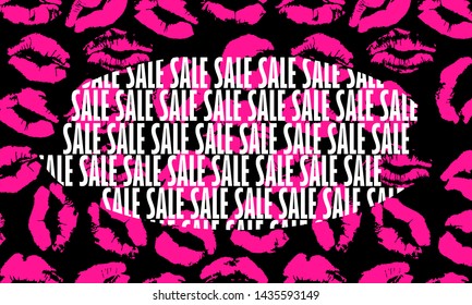 Seamless beauty horizontal pattern with pink kiss lips. Text SALE. Desing for your magazine. Vector art illustration on bark backgraund.