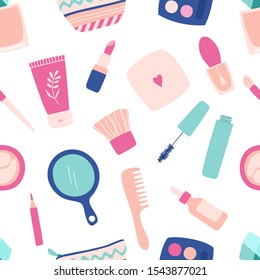 Seamless beauty, makeup cosmetics, facial skin care. Cream, powder, mascara, lipstick, perfume, cosmetic bag, mirror, comb, eyeshadow palette. Vector hand drawn illustration