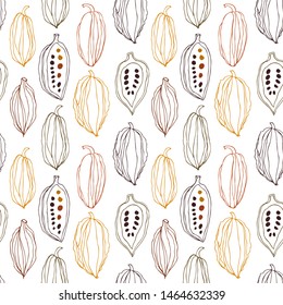 Seamless beauty pattern with cocoa beans. Decorative vector linear chocolate background