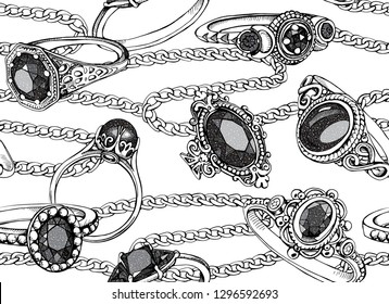 Seamless beauty pattern. Finger Rings with black gems, necklaces on a white background. Textile composition, hand drawn style print. Vector illustration.