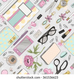 seamless beauty pattern with make up cute office