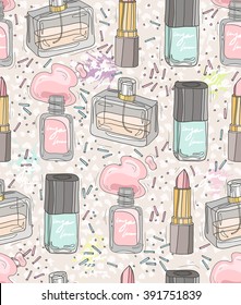 Seamless beauty pattern with make up, perfume, nail polish. Background for girls or women.