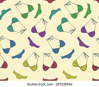 Seamless beauty pattern of multicolored azure turquoise green blue pink purple yellow cute bikini  for brochure, paper, wallpaper, fabric, wrap, banner, background Vector illustration eps 10
