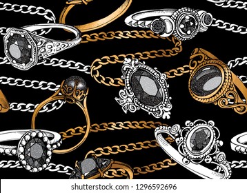 Seamless beauty pattern. Silver and gold Finger Rings, necklaces on a black background. Textile composition, hand drawn style print. Vector illustration.