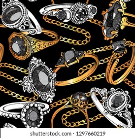 Seamless beauty pattern. Silver and gold Finger Rings, necklaces on a black background. Textile composition, hand drawn style print. Vector illustration.