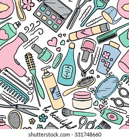 Seamless beauty salon vector pattern. Set of beauty tools