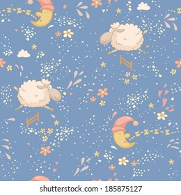 Seamless bedtime pattern with a cute sheep and the sleepy moon. No transparency. No gradients.