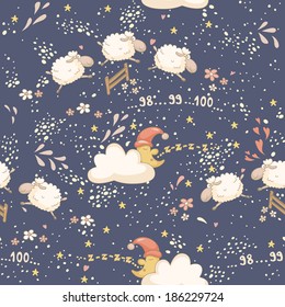 Seamless bedtime pattern with a cute sheep and the sleepy moon. EPS 10. No transparency. No gradients.