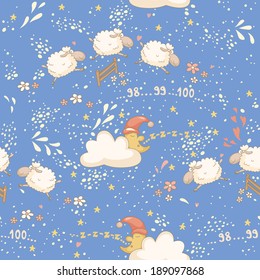 Seamless bedtime pattern with a cute sheep and the sleepy moon. EPS 10. No transparency. No gradients.