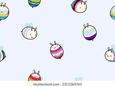 Nahtlose Bienencartoon-Charakter Geschenkpapier in den Farben der LGBTQ+-Fahne auf blauem Hintergrund.