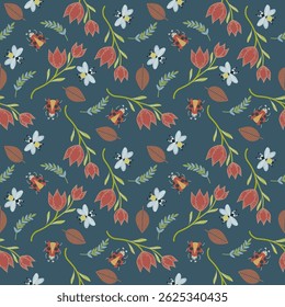 seamless bee floral and leaves pattern