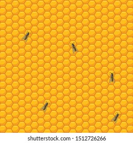 Seamless Bee hive pattern with bees. Vector, Honey comb