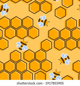 Seamless bee and honeycomb pattern. Cute childish illustration with insects for textile and paper design. Sweet little bumblebees for t-shirt, clothes or surface design