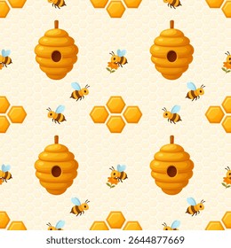 Seamless bee and honeycomb pattern with hanging hives on pale hex background