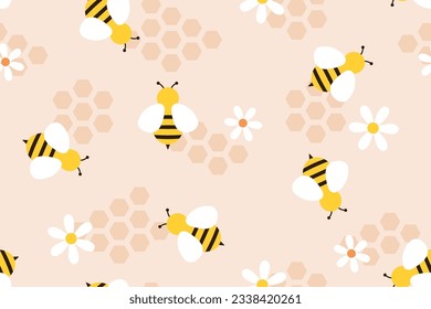 seamless bee pattern with bees, honeycomb and daisy flowers- vector illustration