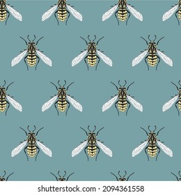 Seamless bee pattern. Flat vector illustration with insects.