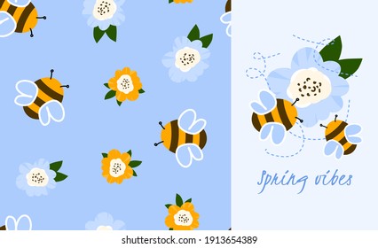 Seamless bee pattern. Funny illustration for kids in pastel tones with flowers for textile and paper design. Cute little bumblebee for t-shirt, clothes or surface design
