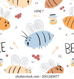 Seamless bee pattern with hand drawn bee flying,honeycombs,honey dipper,storage jar and honey jar on white background