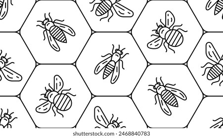 Seamless Bee Pattern. Bee, Hornet, Bumblebee, Wasp. Buzzing insects icons. Linear style. Modern vector illustration