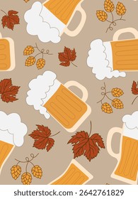 cerveja sem costura e padrão de folhas de outono em um fundo bege perfeito para as celebrações de outono oktoberfest e temas de bebidas sazonais