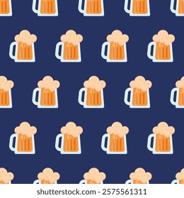 Seamless Beer Mug Pattern on Dark Background. Playful seamless pattern featuring frothy beer mugs on a navy blue background, ideal for party, bar, or Oktoberfest-themed designs