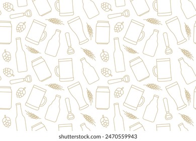 seamless beer pattern; bottle, glass, hop cone, barley ear, opener; perfect for wrapping paper, bar or pub menus, apparel, marketing materials for beer festivals or breweries- vector illustration