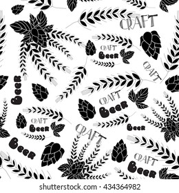 seamless beer pattern. malt, barley, lettering elements. crafted beer. vector illustration