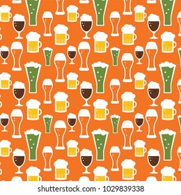 Seamless beer pattern. Beer mugs and glasses on an orange background. Vector illustration