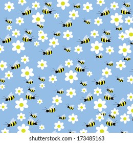 Seamless bees and flowers pattern