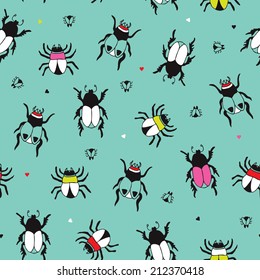 Seamless beetle bugs illustration creepy vivid colorful insects background pattern in vector