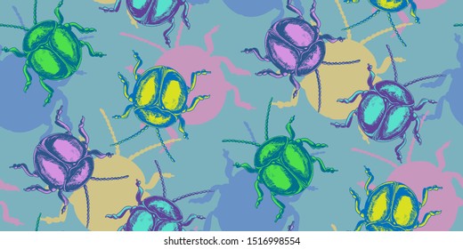 seamless beetles pattern, colorful fun round cute bugs. cute pastel colors backdrop. wrapping paper