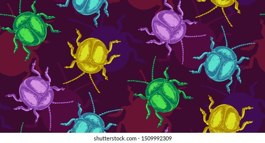 seamless beetles pattern colorful purple fun round cute bugs