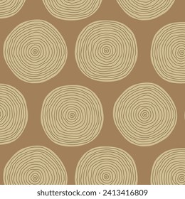 Seamless beige background of big freehand polka dots with wooden texture. Organic brown doodle circle pattern for prints and decoration.