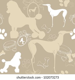Seamless beige background with dogs, and accessories