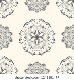 Seamless beige background with gray ornament. Floral ornament on background. Template for your design. Wallpaper pattern. Vector illustration